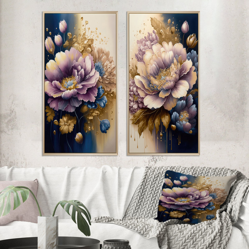 "Fleurs aquarelles mauves et bleues", 2 pièces sur toile, Encadrement brun, H 32 po x l 32 po
