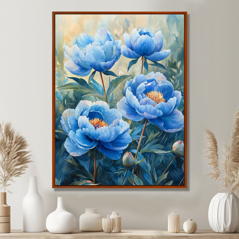 Aqua bleu pivoines dans le jardin II - pivoines, reproduction d'art sur toile encadrée, H 20 po x l 12 po, Brun