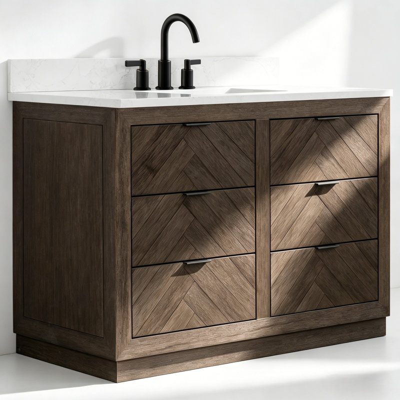 Meuble-lavabo simple 48 po en sapin naturel avec plateau en marbre blanc 48 po