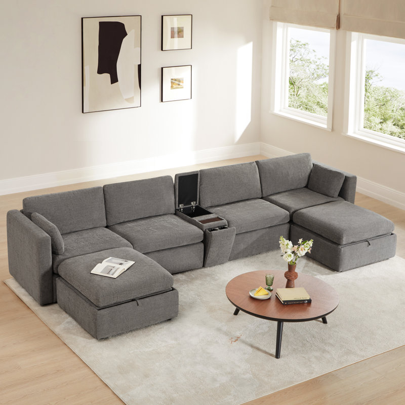 Winfree 6- Piece Upholstered Sectional With Console, Fossil Gray Polyester