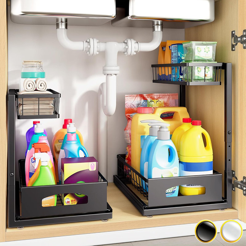 Ensemble de 2 armoires réglables en hauteur avec rangement à 2 niveaux sous le lavabo avec tiroirs coulissants pour la cuisine, la salle de bain et le garde-manger