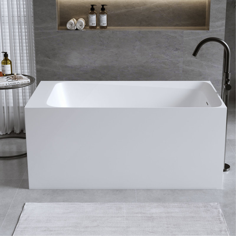 Baignoire 51 po à surface solide matte, baignoire autoportante en pierre de résine à surface solide, baignoire blanche matte à surface solide, baignoire autoportante avec trop-plein et bonde escamotable