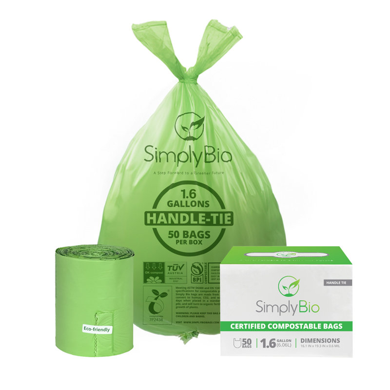 Simply Bio Green Compostable Drawstring Trash Bags, 1.6 Gallon, 50-Count
