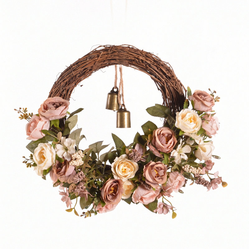 Couronne de soie artificielle rose, couronne de décoration de café pour porte murale de bureau extérieur