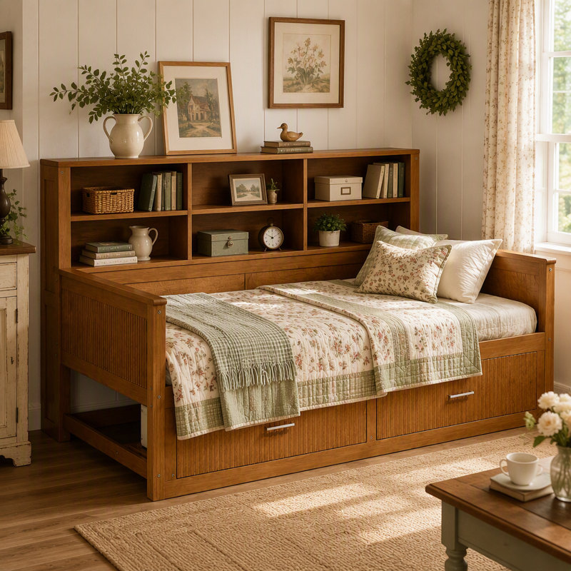 Lit de jour simple en bois avec panneau cannelé, 6 tablettes de rangement, 2 tiroirs et station de charge, noyer