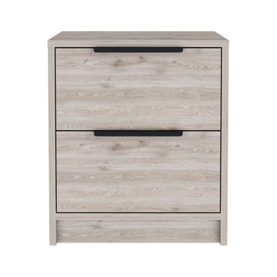 Table de chevet Cervants, deux tiroirs, poignée en métal, finition gris clair
