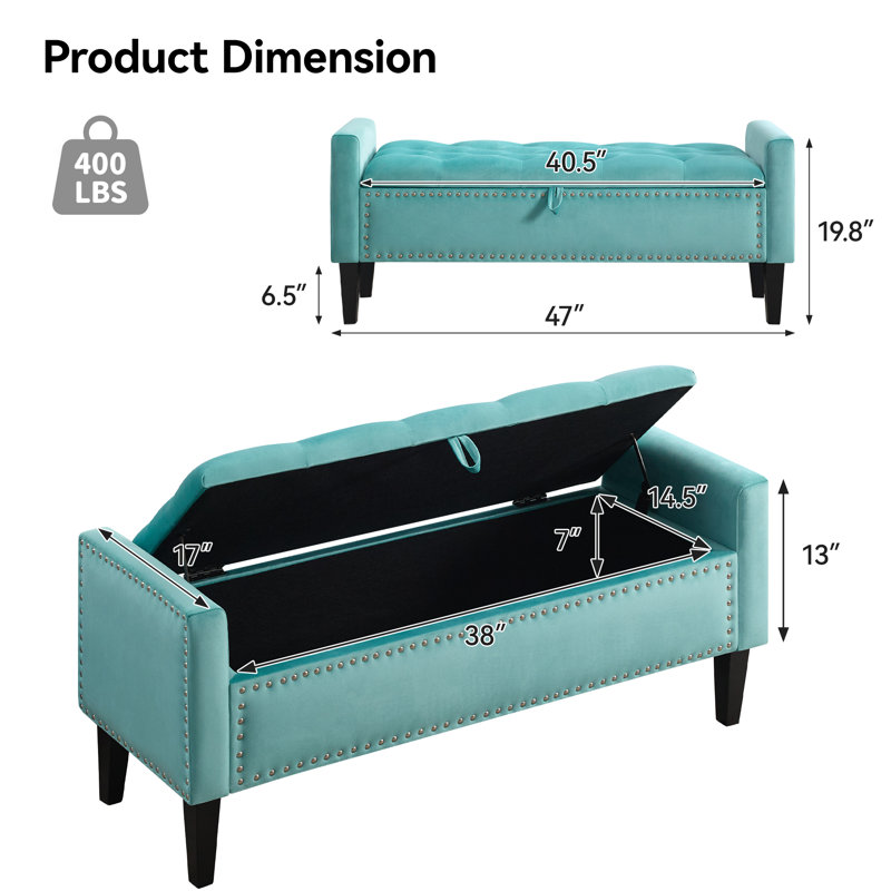 47" W Velvet Upholstered Flip Top Storage Bench, Teal