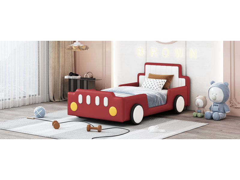 Lit plateforme simple en forme de voiture de course avec roues, rouge, Rouge