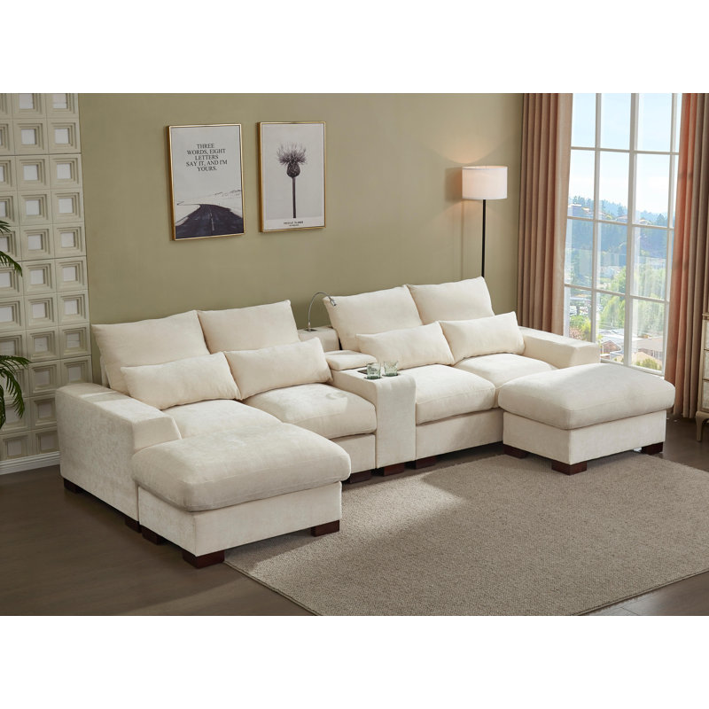132" U Shape Sectional Sofa Cloud Couch With Removable Ottomans, Beige Chenille