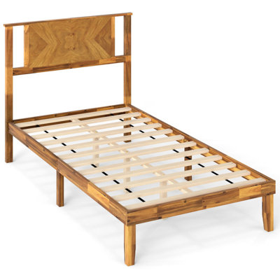 Twin/Full/Queen Mid-Century Acacia Wood Platform Bed with Headboard