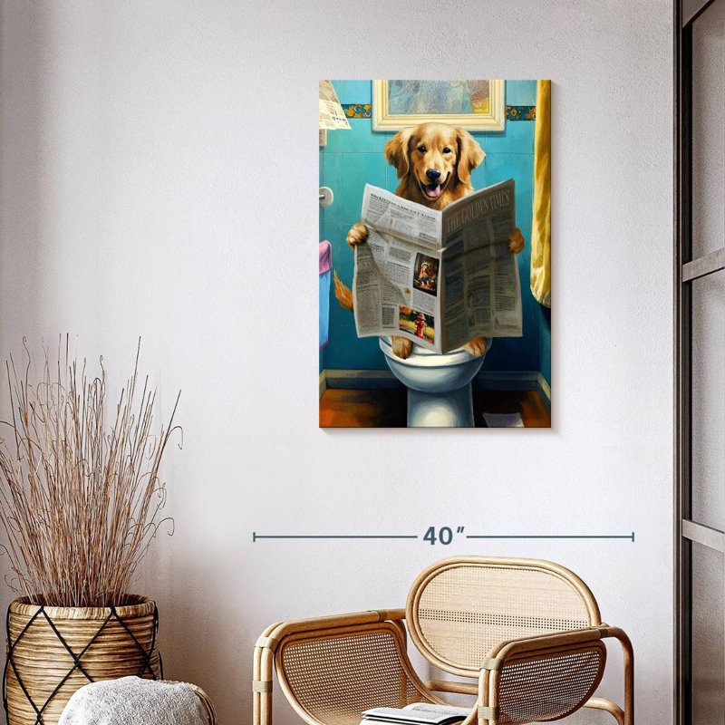 Golden retriever sur une toilette sur toile, H 36 po x l 24 po x P 1,25 po
