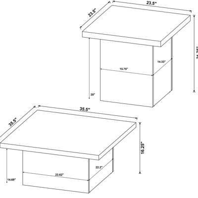 Ensemble de deux tables basses et d'appoint carrées en pin foncé, avec de larges plateaux rustiques pour une ambiance chaleureuse et esthétique. Revêtement anti-rayures et lignes modernes et épurées, idéal pour le salon.