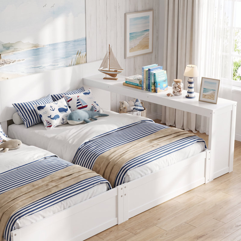 Ensemble de lit plateforme blanc pour deux lits jumeaux avec bureau de rangement amovible, lits jumeaux avec tablette centrale réglable en 3 positions, cadre de lit avec poste de travail intégré pour chambre d'enfants partagée