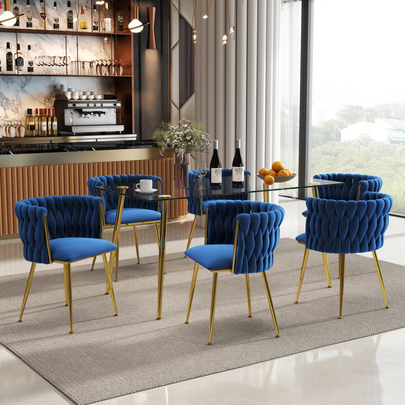 Modern Rectangular Dining Set with Upholstery Dining Chair, 7 Pieces: Table, 6 Chairs, Blue/Goldwsazzzzazsz, Gold
