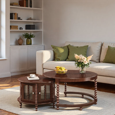 Round Nesting Coffee Table With Bamboo-shaped Decorative Glass Doors, Retro Beaded Legs And Storage Space