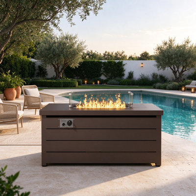 47" Propane Gas Outdoor Fire Table with Lid, Glass Bead and Glass Wind Guard