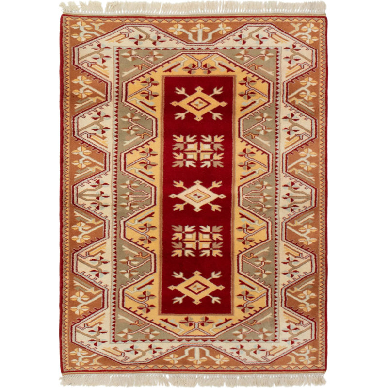 Tapis décoratif en laine de conception unique noué à la main des années 1980 4 pi x 6 pi, orange et rouge