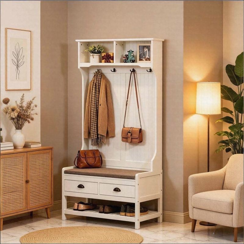 Multifunctional Entryway Hall Tree with Padded Bench, Coat Rack, Drawers and Shoe Storage Shelves