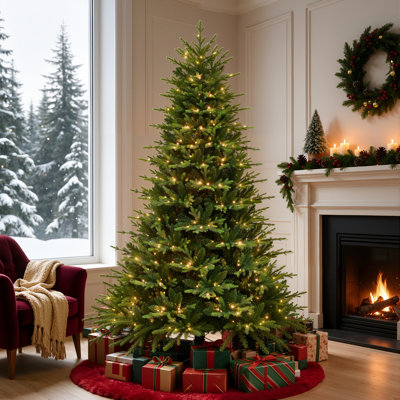Arbre de Noël artificiel épinette 7,5 pi, 3398 branches, 500 lumières DEL homologuées UL et 9 modes d'éclairage, base en métal incluse