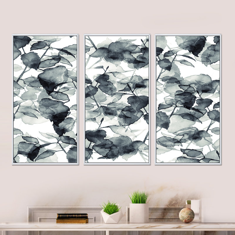 Branches et feuilles monochromes - reproduction sur toile flottante 3 pièces, H 20 po x l 36 po x P 1 po, Cadre blanc