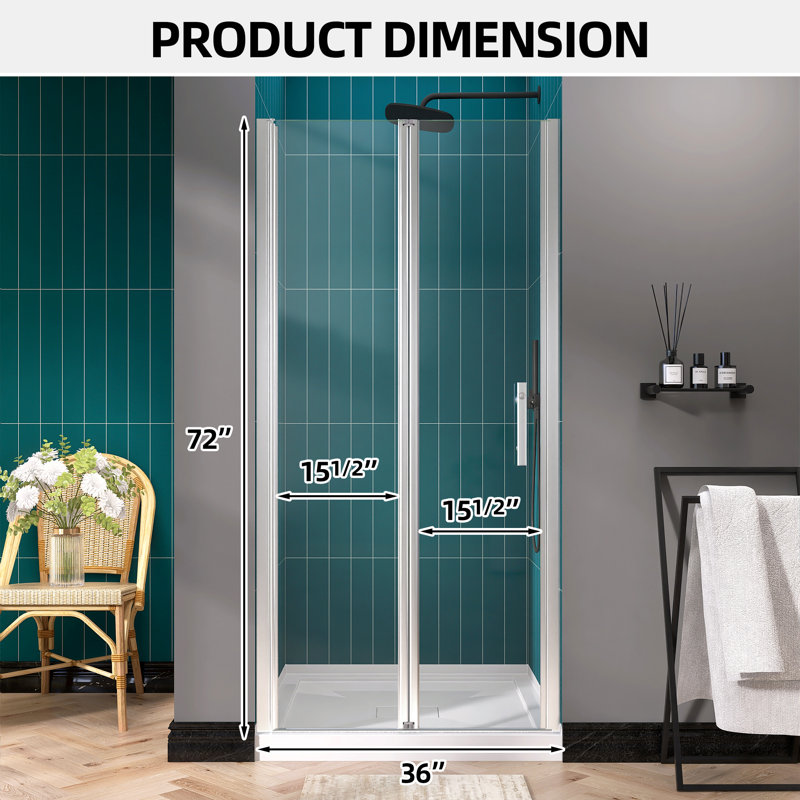 Porte de douche pliante en verre sans cadre 36 "-37 1/4" x H 72 ", porte de douche pliante, Chrome