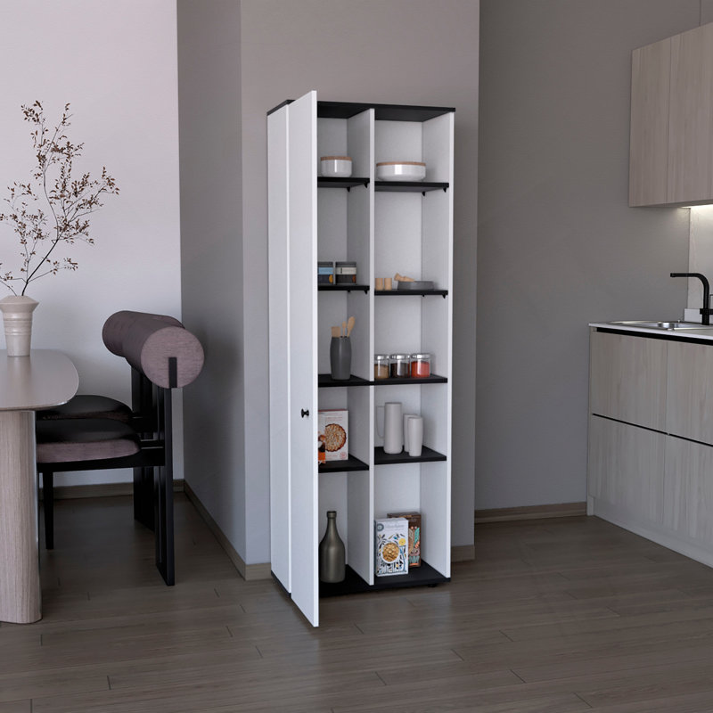 Armoire de rangement de 67 po de hauteur avec une porte, cinq tablettes intérieures et cinq tablettes extérieures, blanc / noir