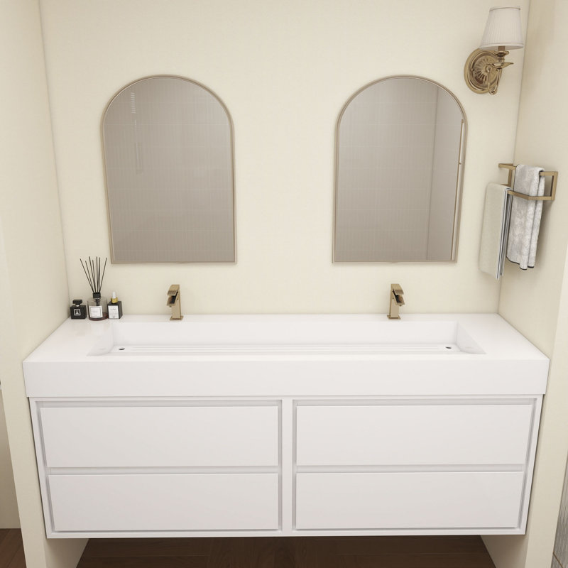 Meuble-lavabo mural double en teck et évier en acrylique 84 po Victoria, Blanc lustré