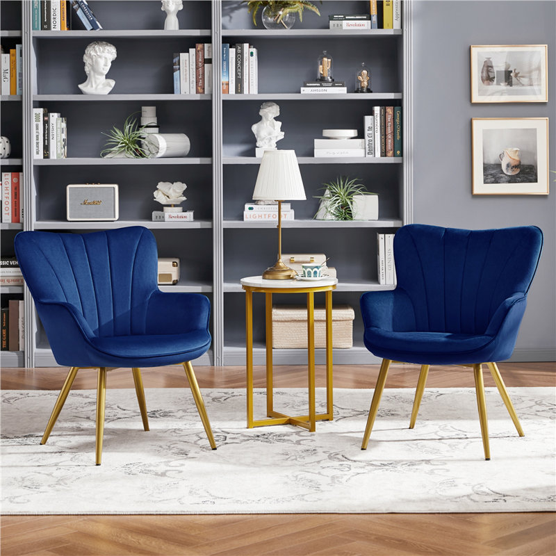 color Upholstered Armchair, Blue Velvet, Gold
