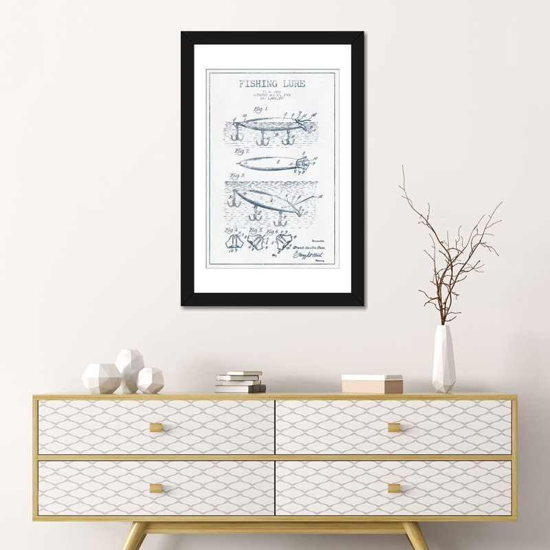 " F.A. Cass Fishing Lure Patent Sketch (Ink) " by Aged Pixel, Black Framed Fine Art Paper, White, 24" H x 16" W x 1" D