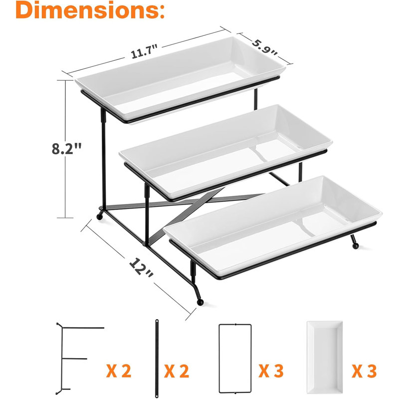 Ensemble de plateaux de service pliables à 3 niveaux, plateaux étagés robustes de 12 po avec barres transversales stables pour les fêtes, les légumes, les fruits et les desserts