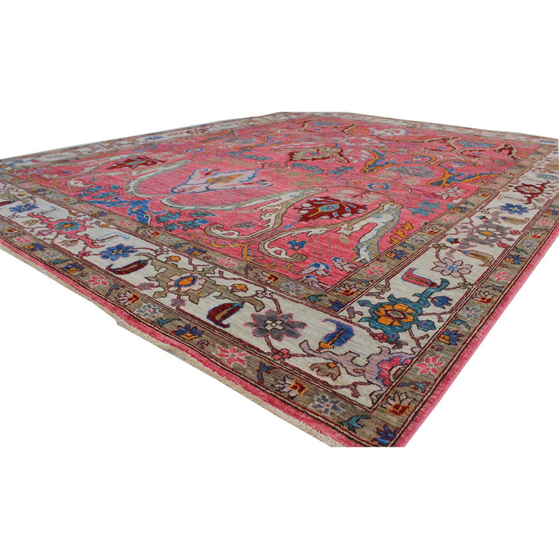 Tapis rouge / brun en laine noué à la main de conception unique 7 pi 10 po x 10 pi