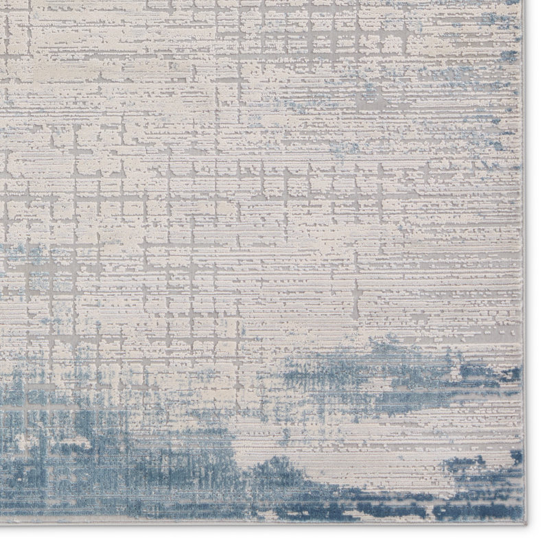 Tapis en polypropylène / polyester abstrait tissé à la machine en crème / bleu, Rectangle 7 pi 10 po x 10 pi