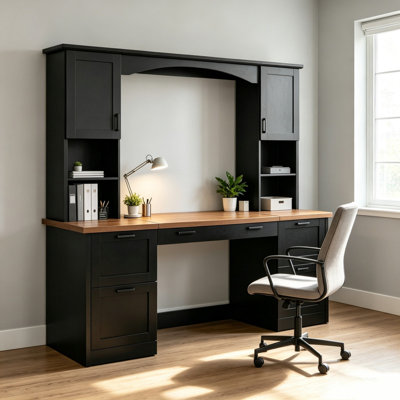 Farmhouse Arched Computer Desk with Hutch, Mid-Century Walnut Home Office Workstation with Charging Station & Keyboard Tray, All-in-One Writing Desk with File Drawer for Study, Office, Black