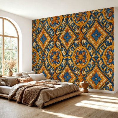 Wall Mural Peel and Stick Wallpaper Mexican talavera ceramic tile Ethnic folk ornament Italian Self-Adhesive Removable Contact Paper Wall Decor for Living Room Bedroom 69"H x 96"W