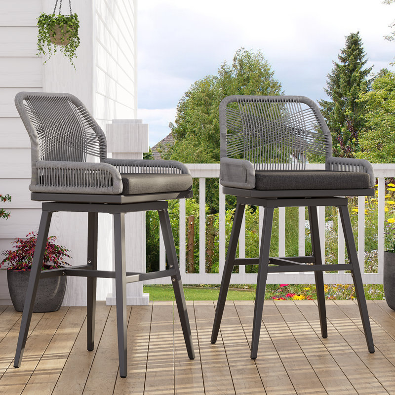 Bar Stools Set Of 2, Rattan Counter Height Bar Stools, 26" H Swivel Patio Barstools With Boho Woven Rope Back For Kitchen Patio Garden Cushions Included,