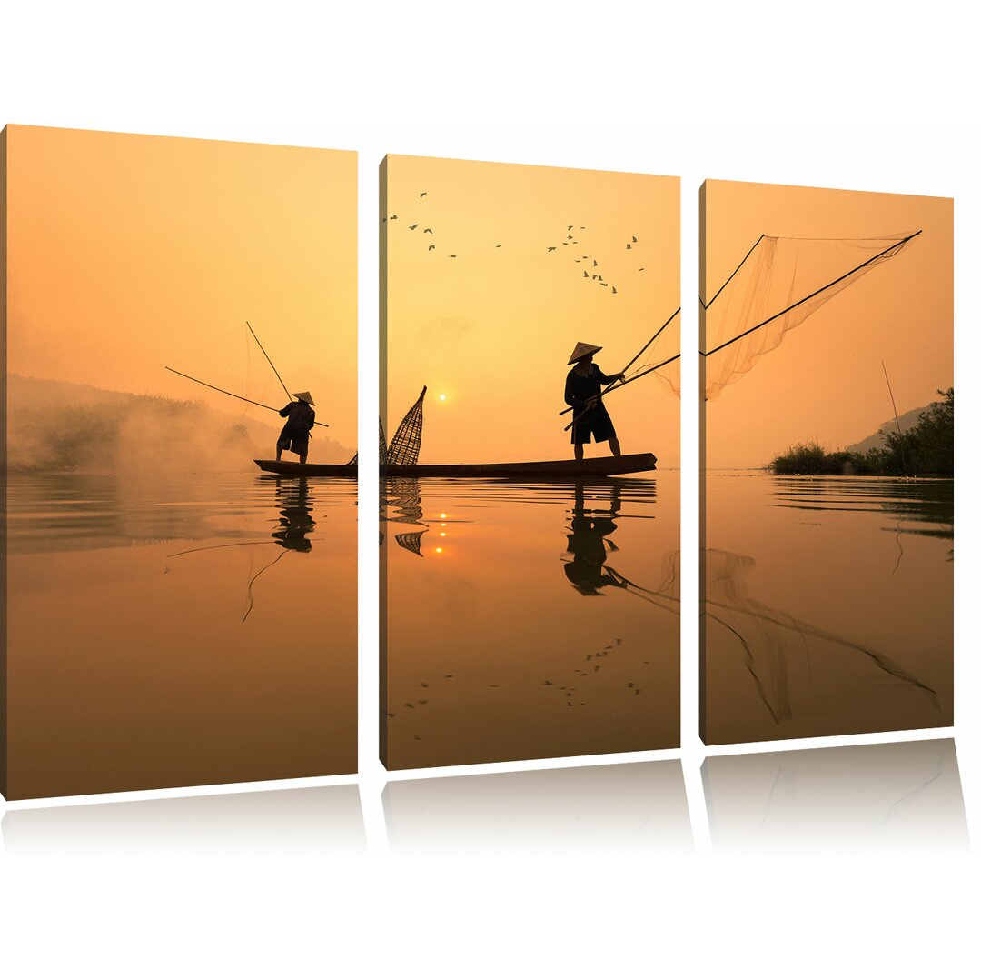 3-tlg. Leinwandbilder-Set Fisher beim Angeln im Mekong-Fluss in Thailand, Fotodruck