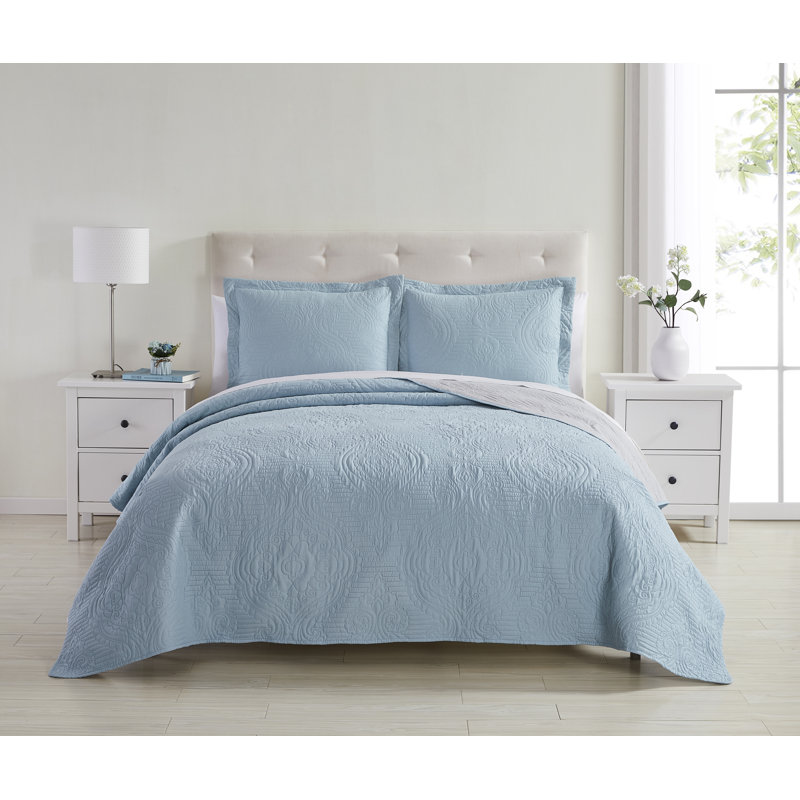 Ensemble de courtepointe réversible en microfibre 3 pièces , Double/grand, Bleu pâle / taupe