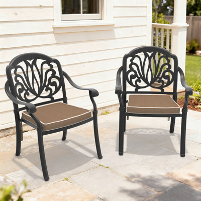 Cast Aluminum Stackable Patio Dining Chairs with Cushions and Armrests,Black & Brown(2-Pack)
