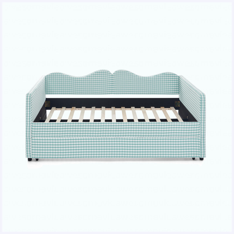 Lit de jour double en vichy avec gigogne gigogne et poche de rangement, structure en bois massif, cyan, Full / Double, Cyan