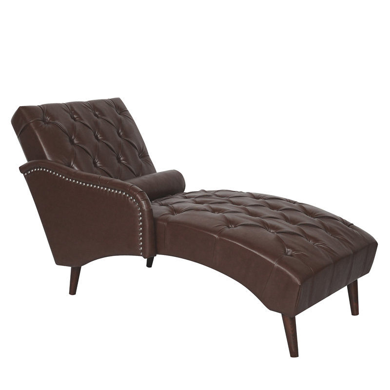 Chaise longue avec accoudoirs et coussins en bois massif, Similicuir brun foncé