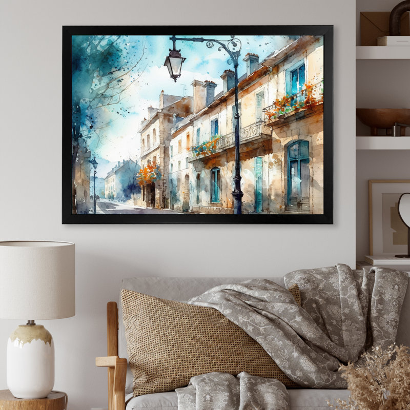 Art mural bleu et beige, petite ville française - ville, Cadre simple noir, H 12 po x l 20 po x P 1 po