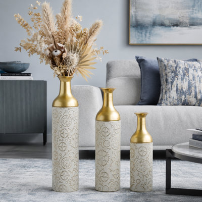 Ensemble de 3 vases gigognes en métal, vases décoratifs blanc antique et or pour salon et entrée