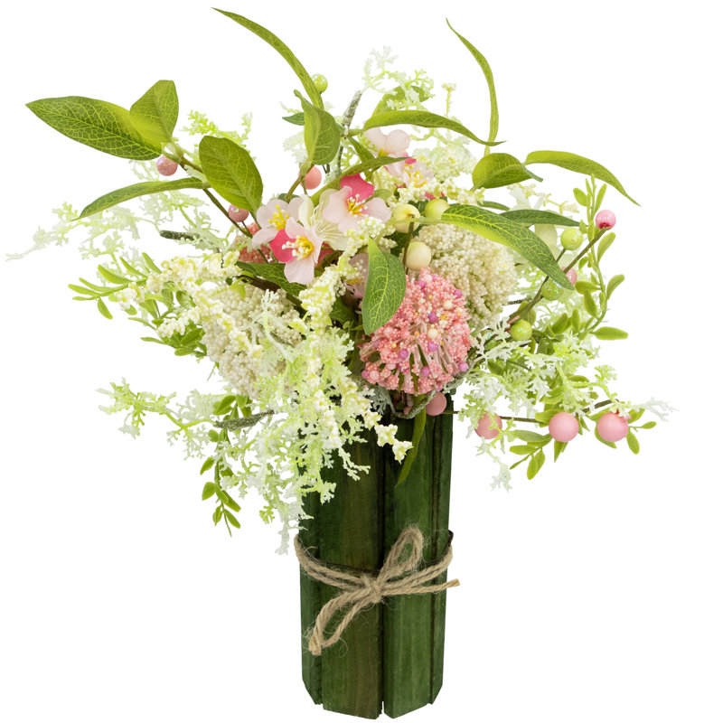 Pink and White Hydrangea Bouquet in Green Wooden Vase with Jute Rope