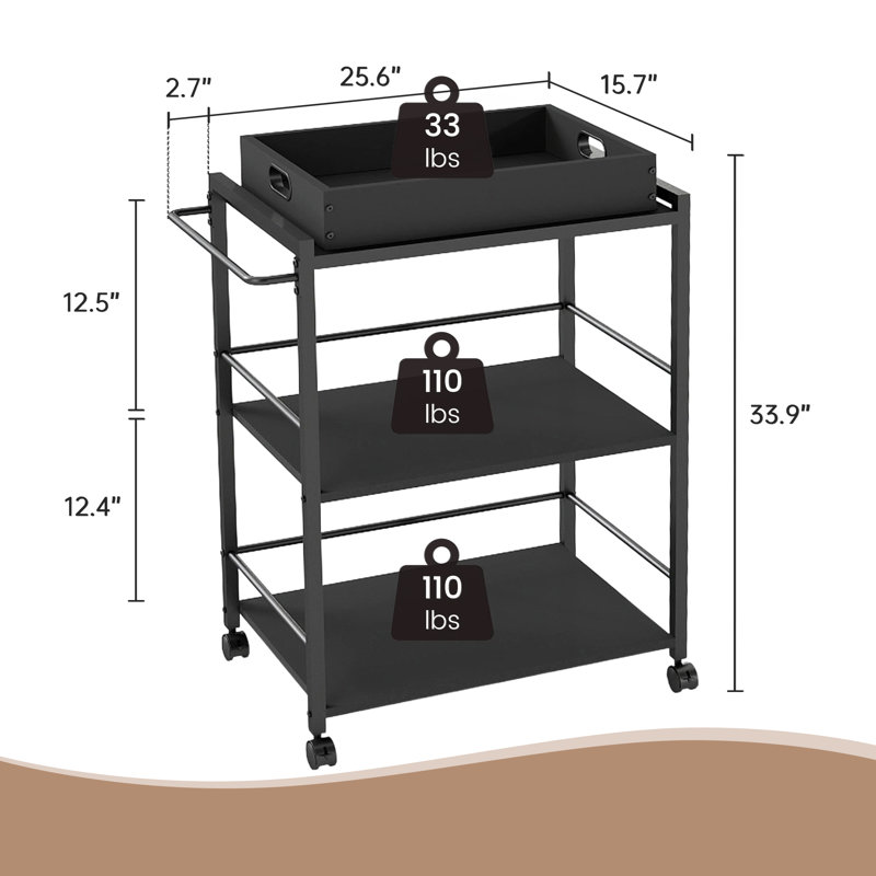 3-Tier Rolling Bar Cart with Detachable Serving Tray, Mobile Kitchen Storage Cart for Tea, Coffee & Liquor, Black