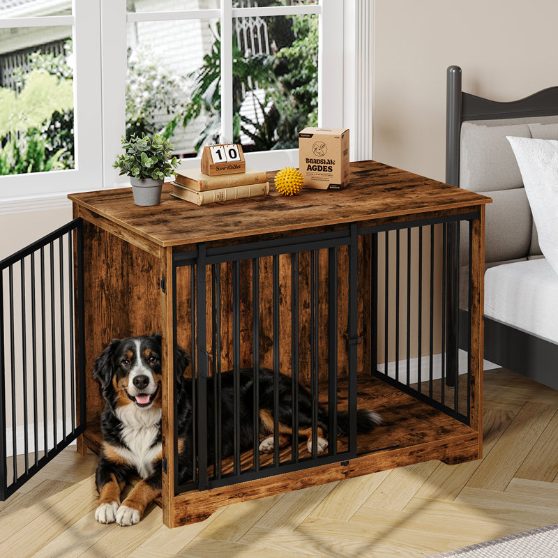Dawyne Metal Sliding Barn Door Dog Crate, White/Brown, 34.8" H x 46.9" W x 27.6" D