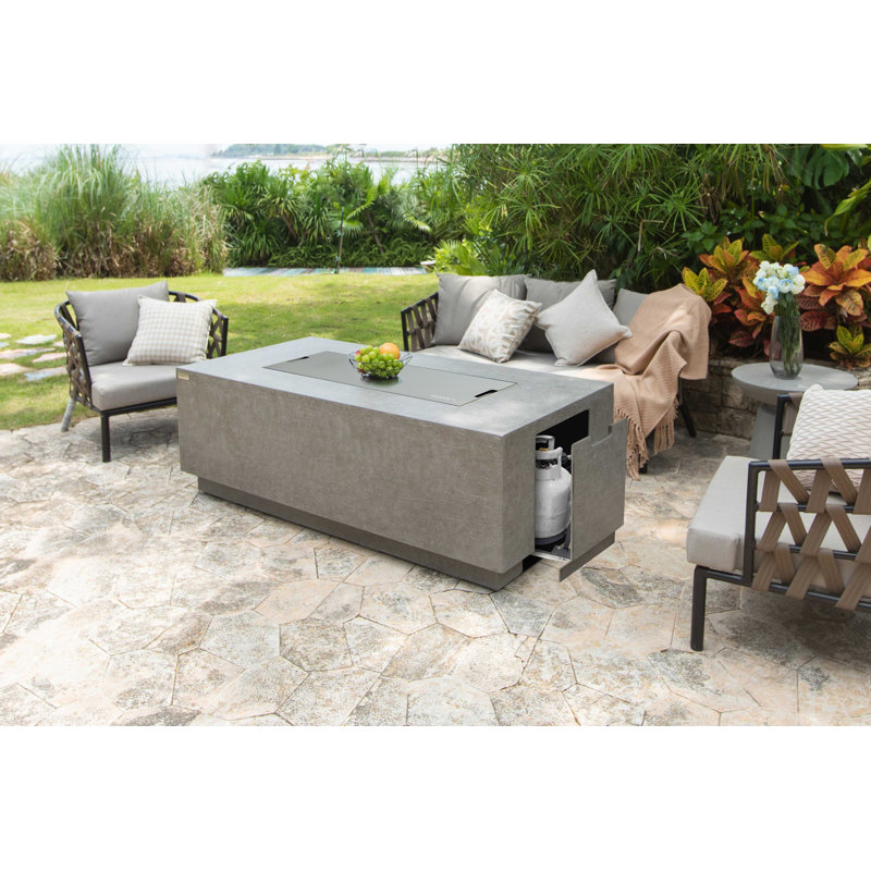 Andes 66" Outdoor Concrete Fire Table with Built-In Hidden Propane Tank Storage 45,000 BTU - Includes Lava Rocks & PVC Cover