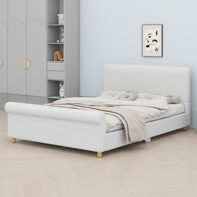 Bed frame with high headboard and rolled footboard, pre-drilled sleigh design for quick assembly