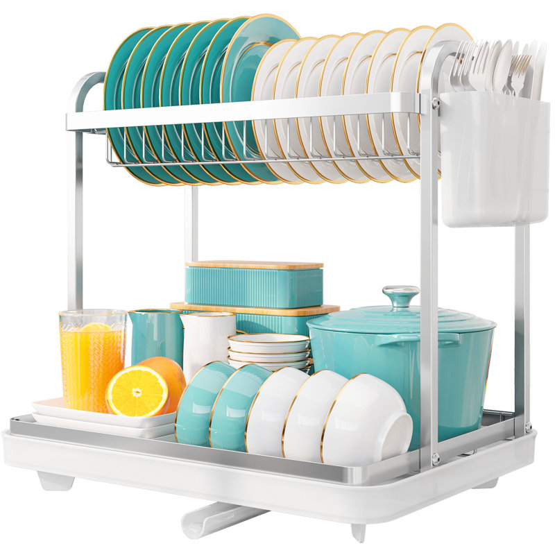 2-Tier Dish Drying Rack - Stainless Steel Dish Rack with Cutlery & Utensil Holders for Kitchen Counter, Sink Organization and Storage for Small Family, 15" W x 11.4" L x 15" H, White