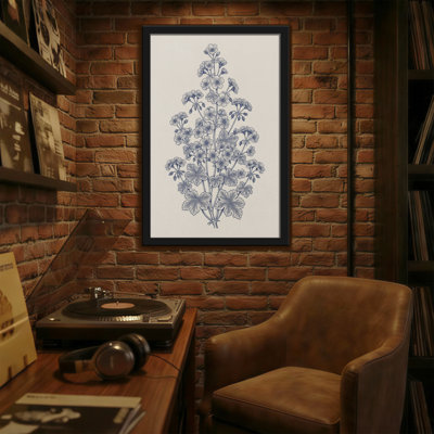 Plantes et fleurs, motif floral bleu sur toile crème
