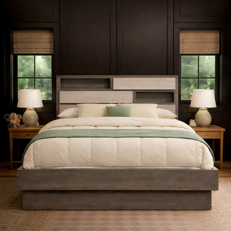 Platform Bed with Storage Headboard and Open Shelving, King